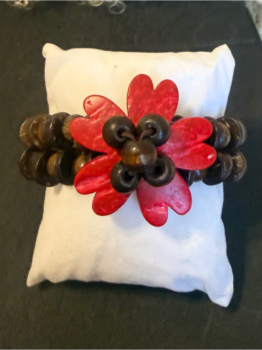 Red Flower Wooden Bead Stretch Bracelet